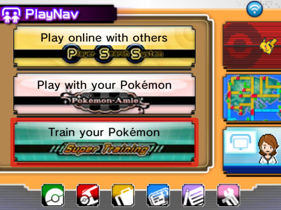 Selecting Super Training in the PlayNav menu. / Pokémon Omega Ruby and Alpha Sapphire