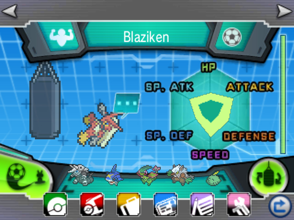 Blaziken resting on the touch screen. / Pokémon Omega Ruby and Alpha Sapphire