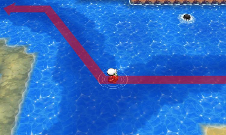 Darker patch of water encircling a small walkable land.