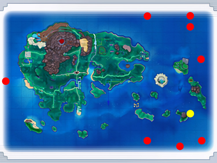 Crescent Isle (Yellow) and every Mirage Mountain (Red)