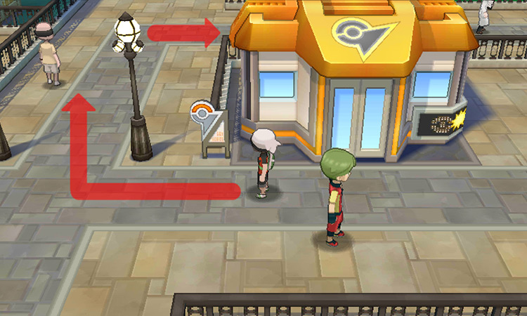 Exiting the Rustboro Gym and heading towards the Devon employee
