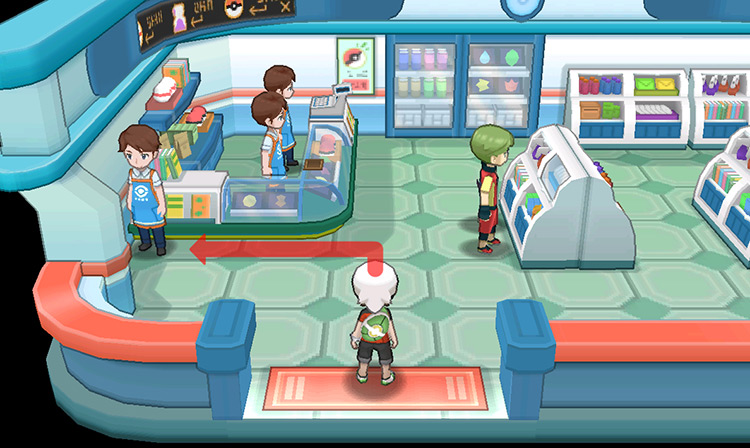 Entering the Poké Mart and walking to the left side.