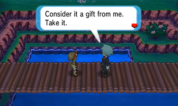 Steven giving you the Devon Scope and your starter’s Mega Stone