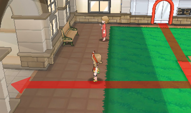 Mauville City’s central plaza going west