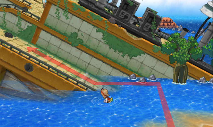 Surfing near the side of the sunken ship